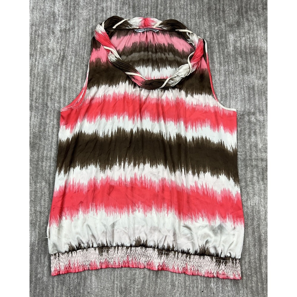 Signature Larry Levine Blouse Womens XL Pink Ikat Stripe Smocked Hem Sleeveless